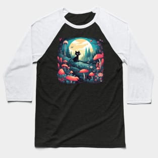 Mushroom Fairy Black Cat Landscape Baseball T-Shirt